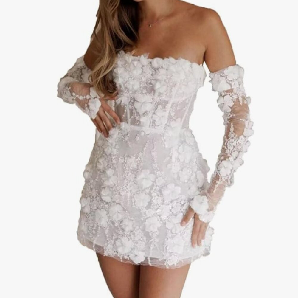 Short White Strapless Dress with Long Sleeves